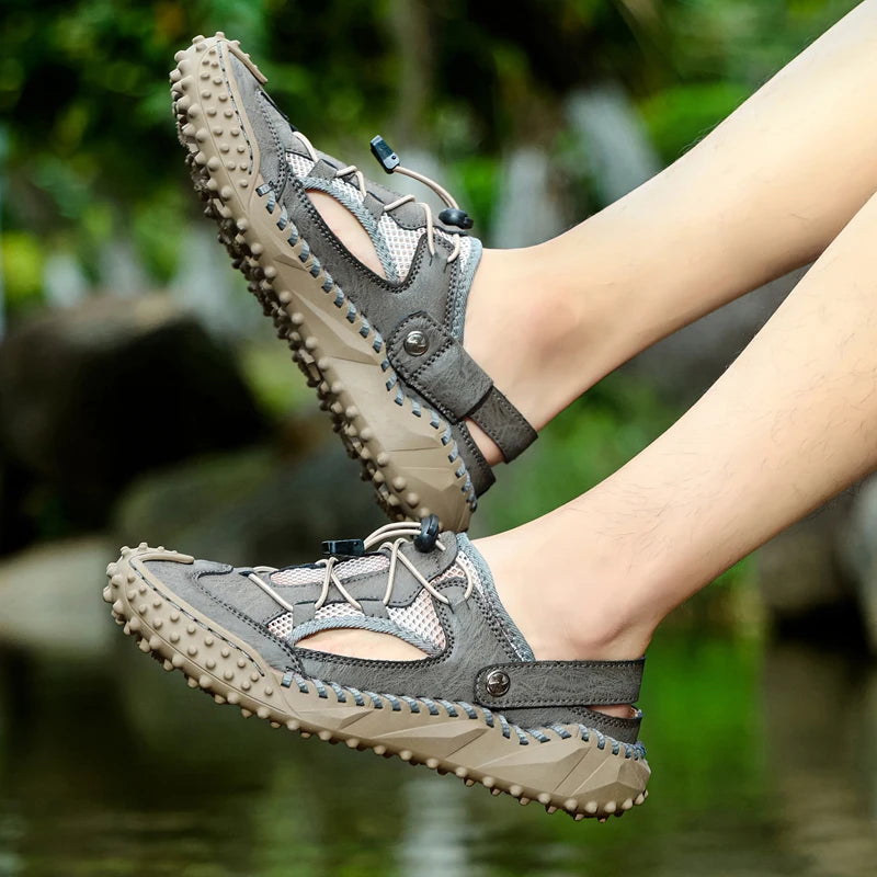 Mens Sandals Summer Outdoor Casual Mesh Hollow Walk Fishing Wading Shoes Lightweight Non Slip Hand Sewn Beach Slippers Man