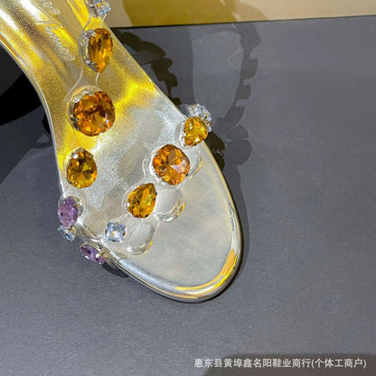 New silver rhinestone transparent straight strap sandals with slim heels and exposed toes, fashionable and stylish crystal shoes