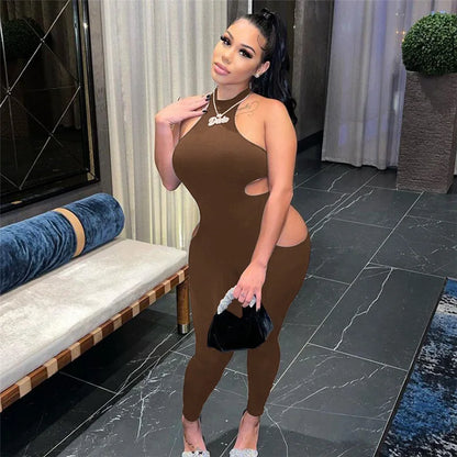Women Summer Solid Hollow Out Jumpsuit  Sexy Halter Sleeveless Backless Body-Shaping One Piece Rompers Streetwear