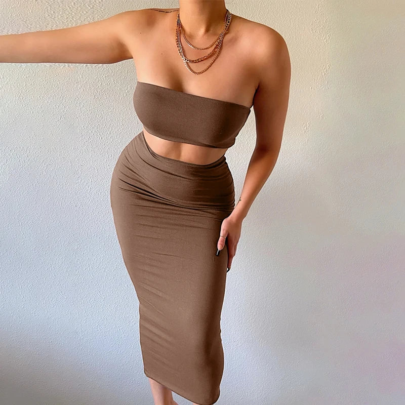 Hugcitar Women Elegant 2 Pcs Sets Strapless Sexy Tube Crop Tank Top Maxi Skirt 2025 Summer Women Casual Clothes Party Festival