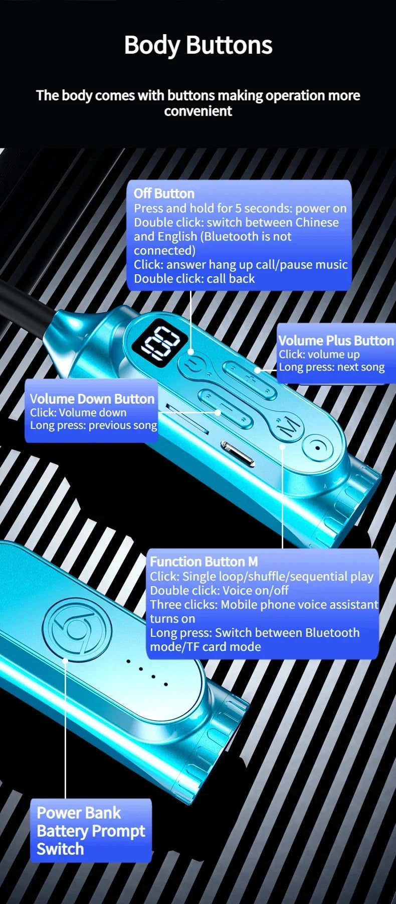 Earphones 12000mAh In-ear/Semi-in-ear Bluetooth Headset Magnetic Switch Pause Play Neck Hanging Dual Device Connection Earbuds