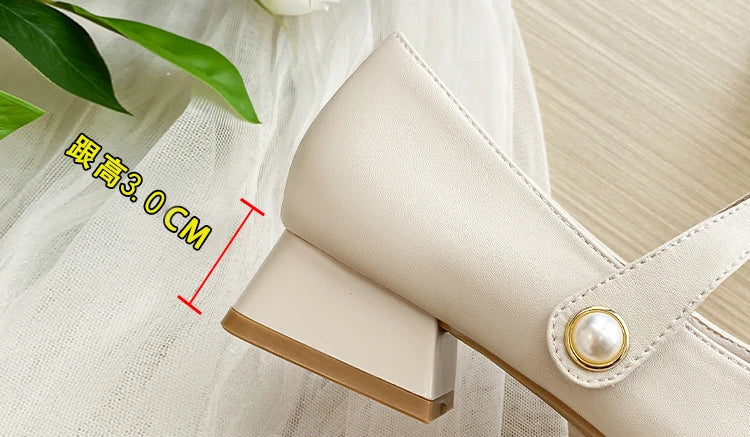 Fashion Mary Jane Women's Shoes 3cm Wide Heel Pumps Embroidered Flowers Pearl Buckle Strap Mary Jane Shoes Luxury Leather Heels