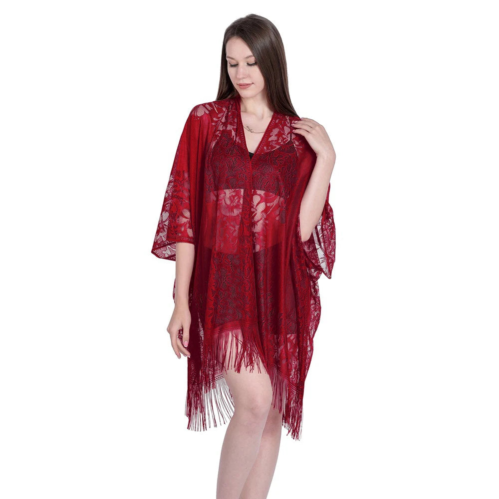 Women Sun Protection Shawl Lady Summer Hollow Out Lace Cardigan Holiday Bikini Blouse Breathable Beach Cape Sexy Long Tippet