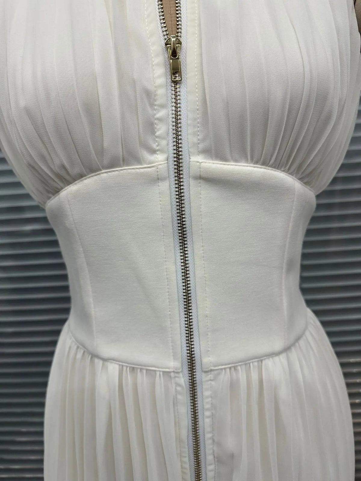 Sexy Deep V Neck Hollow Zip Jumpsuit Women's Spring Solid High Waist Wide Leg Romper Summer Sleeveless Pleated Vacation Overalls