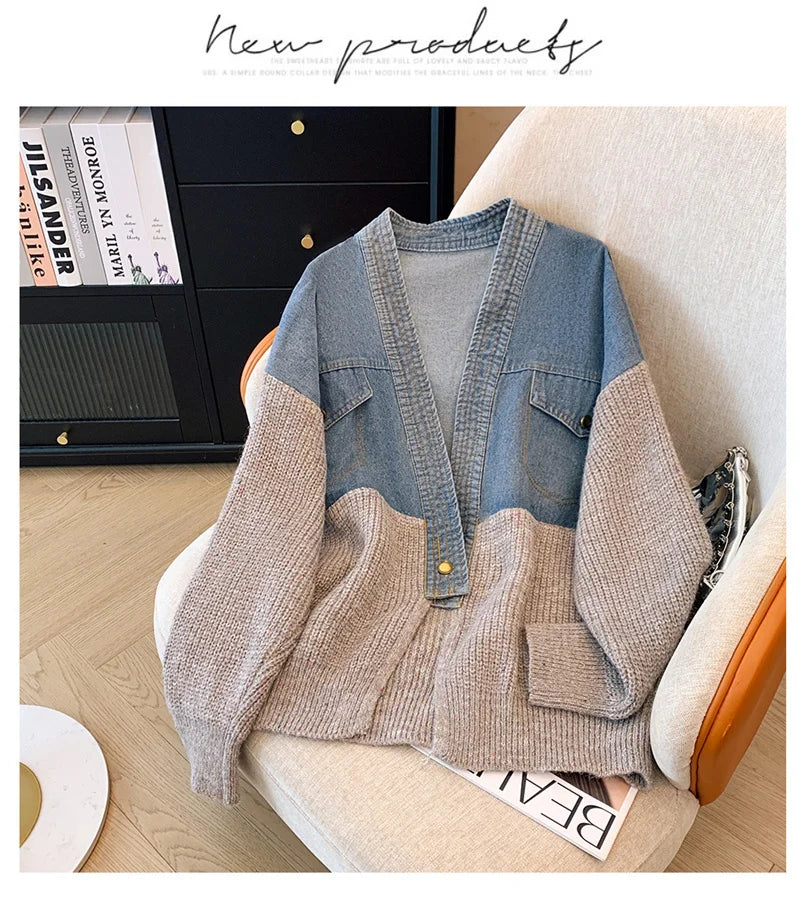 Fat mm200 Pounds Vintage Denim Patchwork Sweater Coat ins Fashion Woman 2024 Autumn and Winter Thickened Loose Niche Cardigan
