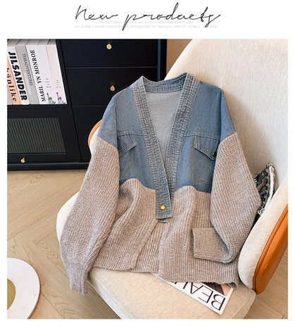 Fat mm200 Pounds Vintage Denim Patchwork Sweater Coat ins Fashion Woman 2024 Autumn and Winter Thickened Loose Niche Cardigan