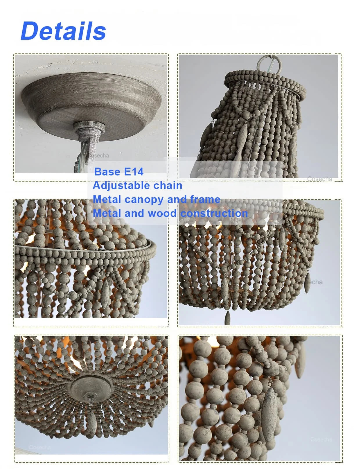 Black French Country Chandelier Large Hanging Lights Dia60 H65cm Living Room Boho Wood Bead Chandelier For Bedroom Dining Room
