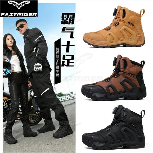 Men Motorcycle Riding Boots Waterproof Cowhide Leather Breathable Anti-Slip Wear-Resistant Street Moto Shoes