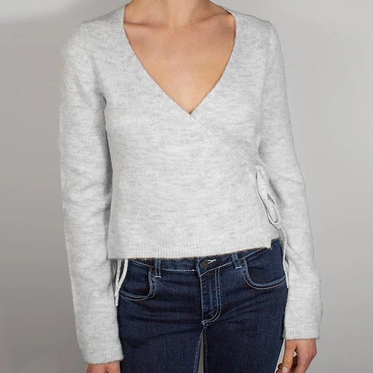 Solid Color Wrap Tie Side Crop Sweater Elegant V Neck Knit Cardigan T-shirt Fall Long Sleeve Slim Fit Tees Women Vintage Clothes
