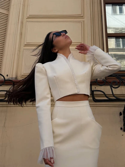 White Women's mesh two piece set Puff Sleeve V Neck blazer two piece dress set Daily Commuter Party  Outfit 2026 Summer Style