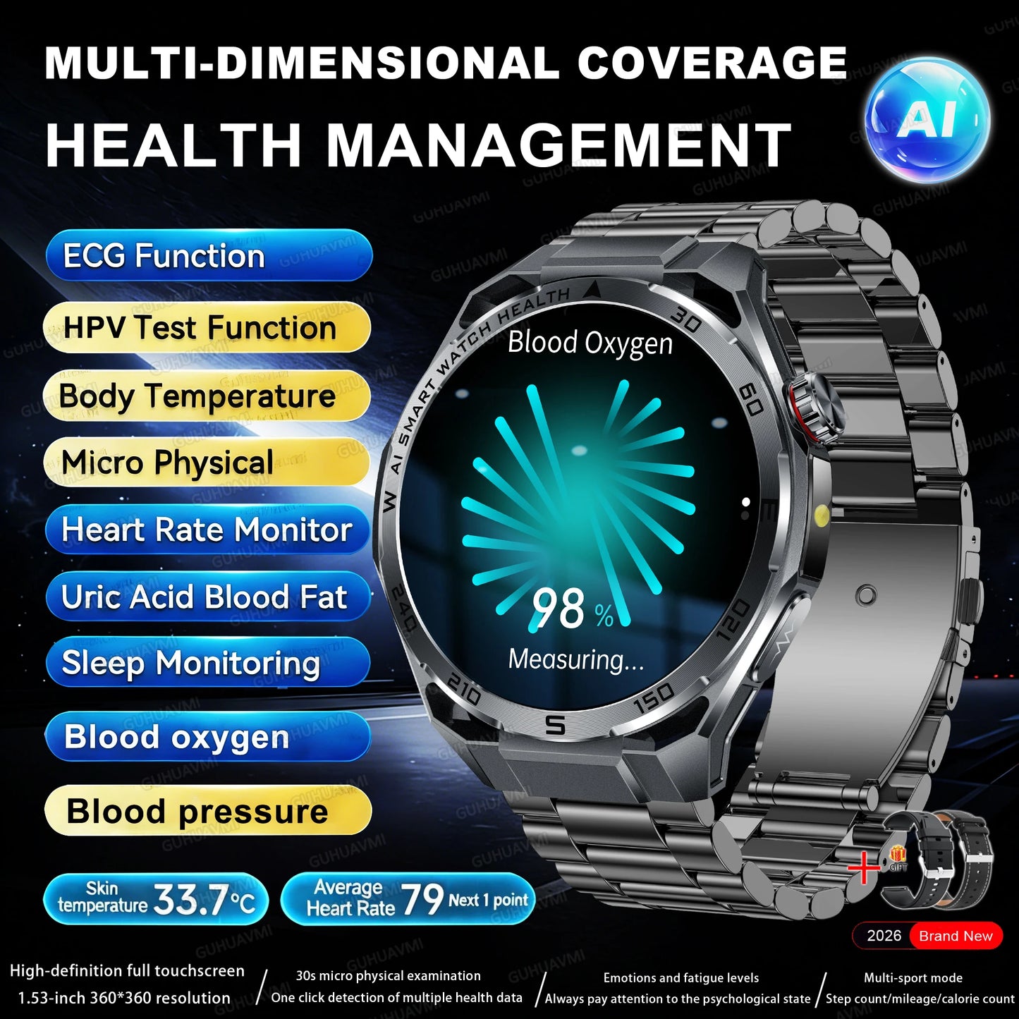 2026 New ECG+PPG Body Fat Analysis Health Smart Watch Uric Acid BP Blood Oxygen Bluetooth call Sports Smart Watch For Men Women