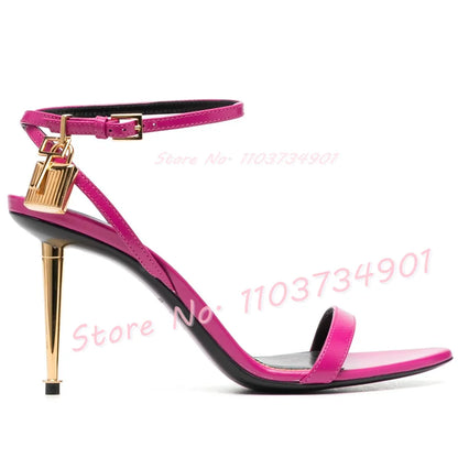 Metal Heel Lock Metallic Leather Sandals Female Luxury Open Toe Stiletto High Heels Shoes Lady Elegant Party Ankle Strap Sandals