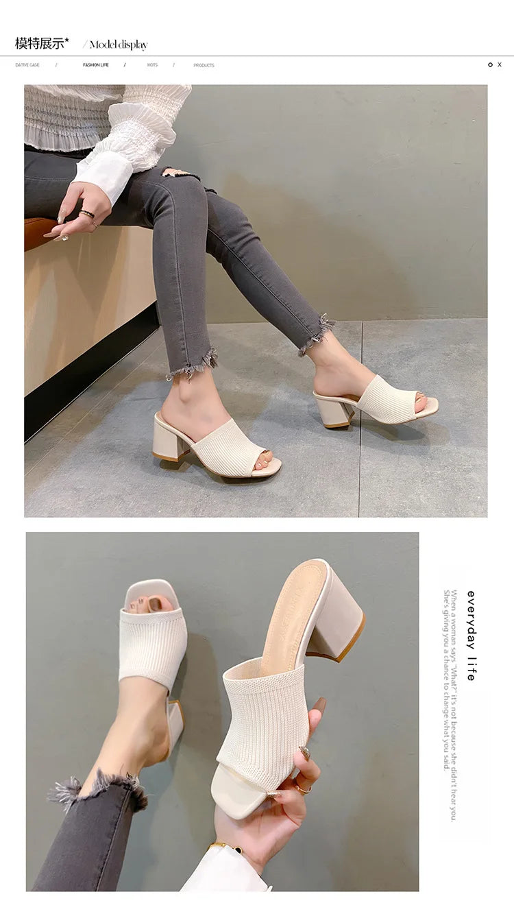 Women's Luxury Casual Soft High Heel Sandals Black Mules Summer Slippers Outdoor Shoes Open Toe