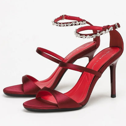 Luxury Rhinestone Satin Elegant High Heels Women Ankle Buckle Open Toe Fashion Sandals Female Designer Wedding Dress Shoes Party