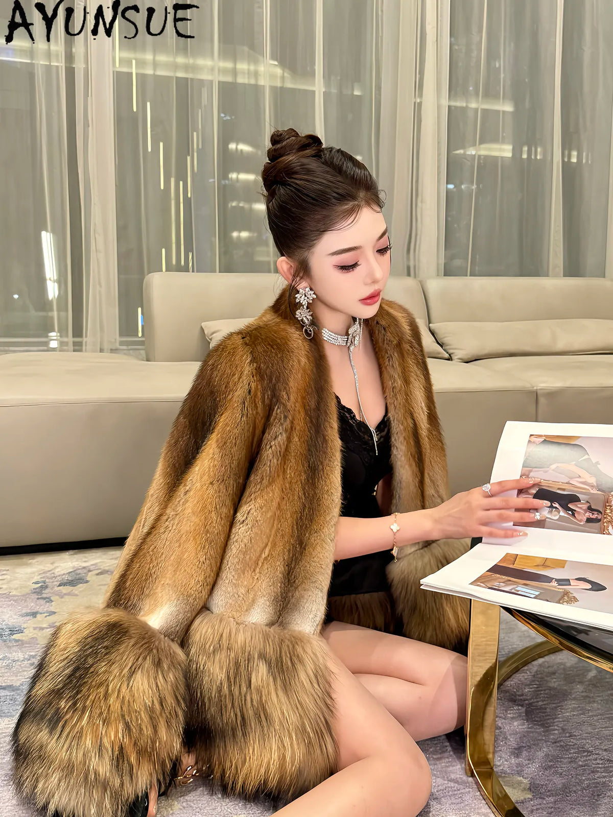 AYUNSUE Natural Mink Fur Coat Women Qinggen Whole Mink Womens Coats Winter Jacket Fashion V-neck New in Outerwears Abrigos Mujer