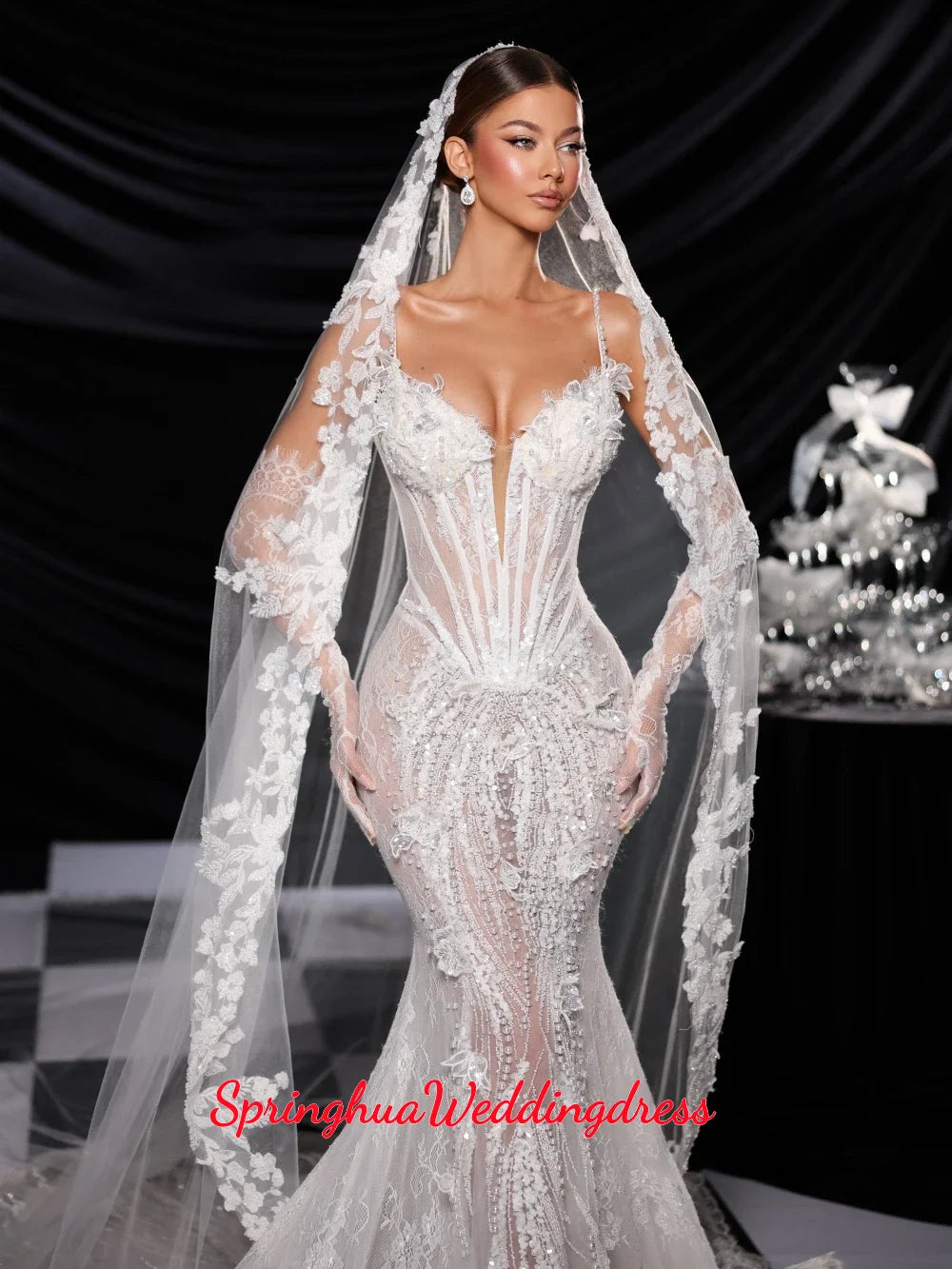 Customized Elegant Illusion Pearls Lace Mermaid Long Wedding Dress Without Gloves Spaghetti Straps Bridal Gown Dresses For Bride