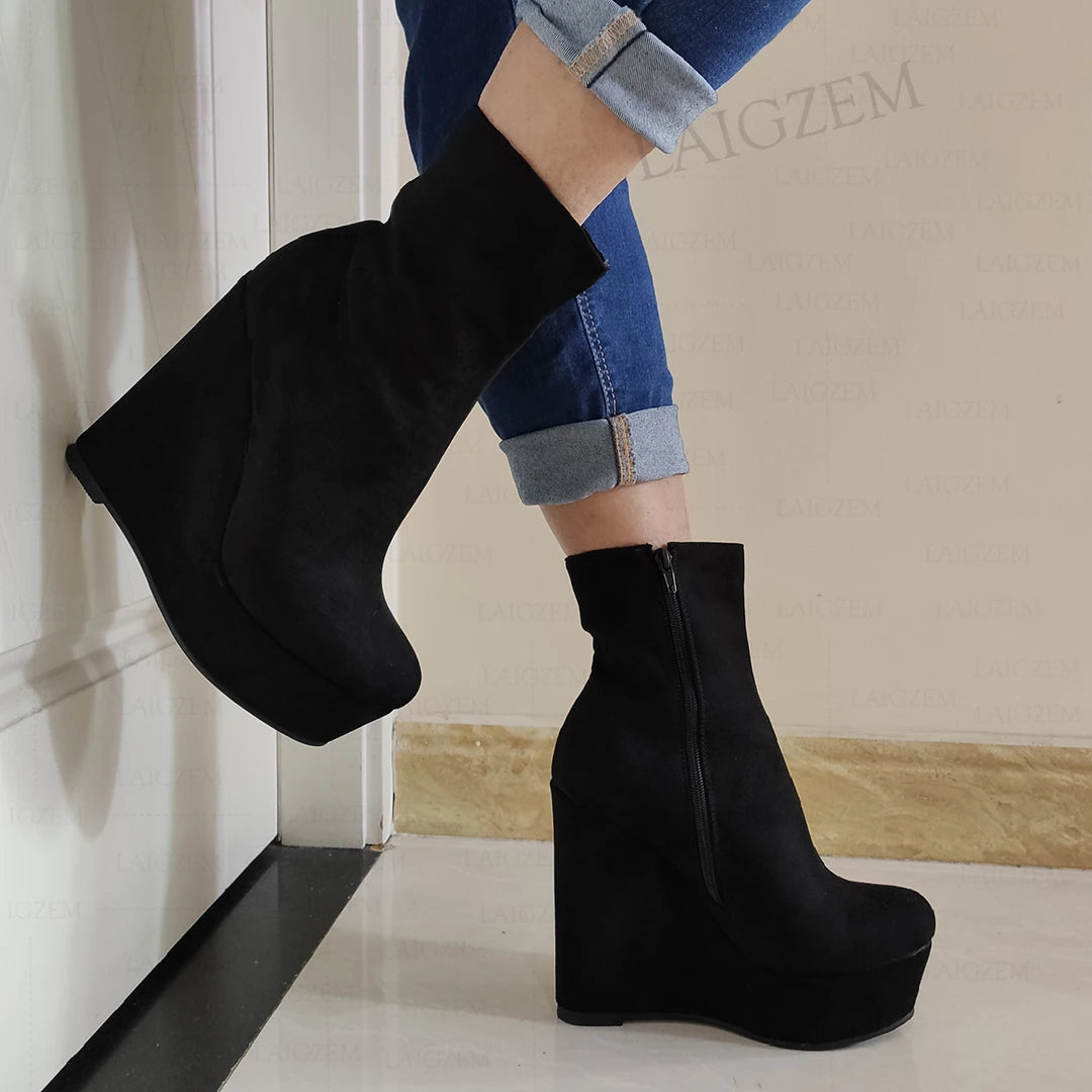 LAIGZEM Women Ankle Boots Faux Suede Platform Wedges Side Zip Short Booties Ladies Height Increase Shoes Woman Big Size 44 46 52