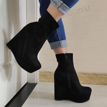 LAIGZEM Women Ankle Boots Faux Suede Platform Wedges Side Zip Short Booties Ladies Height Increase Shoes Woman Big Size 44 46 52