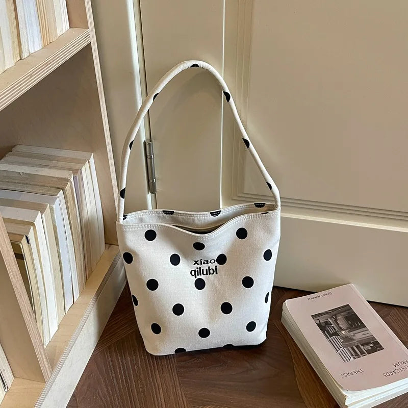 Korean Style Niche Linen Dot Shoulder Bag Women New Fashion Large Capacity Bucket Bag Casual Versatile Commuting Underarm Bag