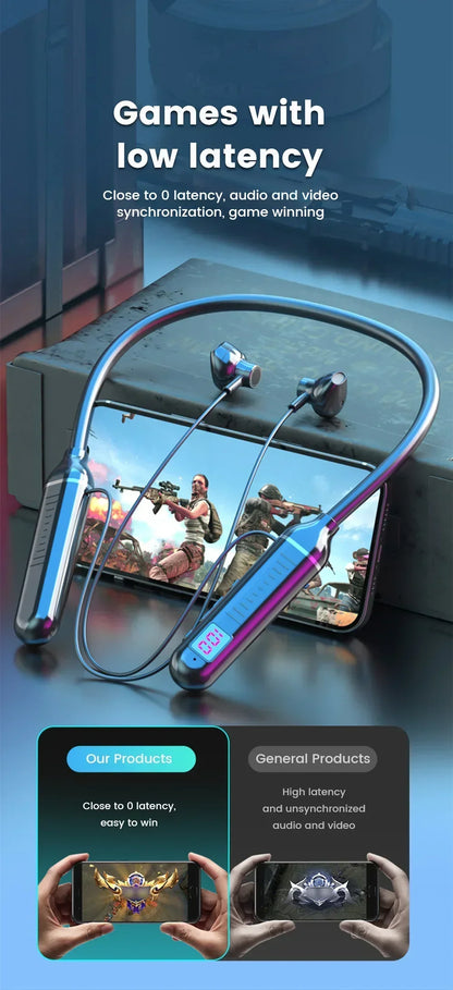 Bluetooth 5.2 Earphones Neckband Headphones TWS Wireless Headsets HiFi Stereo LED Digital Display Dual Mode Waterproof Earbuds