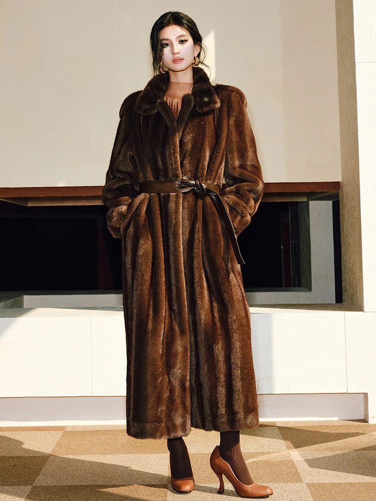 Lautaro Spring Winter Long Soft Thick Warm Brown Faux Mink Fur Coat Women Luxury High Quality Elegant Chic Fluffy Overcoat 2025
