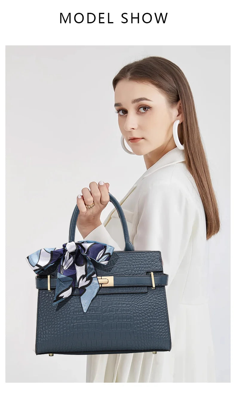 Genuine Leather Cowhide Women's HandbagConvertible for Crossbody & Shoulder Carry, with Silk Scarf, Crocodile Pattern Tote Bag