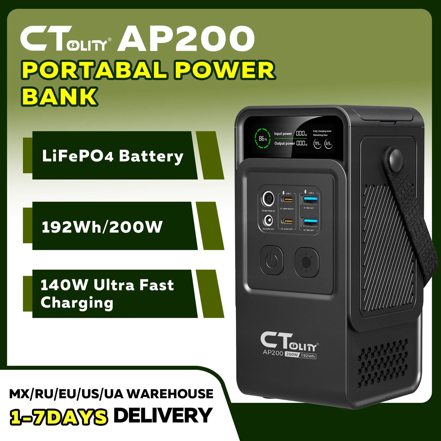 CTOLITY AP200 Handheld Portable Solar Generator 200W 192Wh Lifepo4 Battery 60000mAh Power Bank Camping 140W Ultra Fast Charging DC Charger