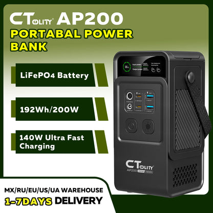CTOLITY AP200 Handheld Portable Solar Generator 200W 192Wh Lifepo4 Battery 60000mAh Power Bank Camping 140W Ultra Fast Charging DC Charger