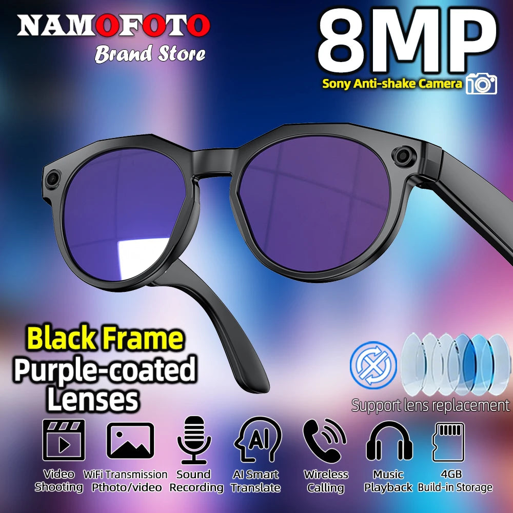 2026 New AI Smart Glasses 8MP Camera 1080P Video Shooting Real-time Translation SI BT Call Music Play Voice Recording Sunglasses