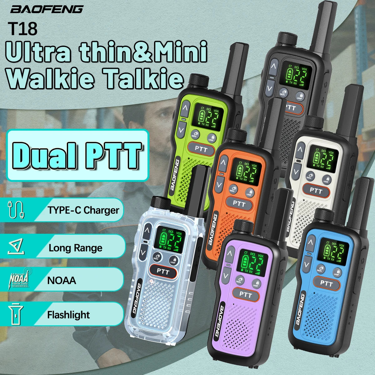 2pcs Baofeng T18 Mini Walkie Talkie Long Range PMR FRS Rechargable Portable Two Way Radio Type-C Charger VOX for Camping Trip