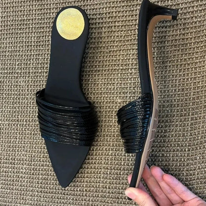 Black Pointed Toe Narrow-band Mule Slippers Women Sexy Open Toe Kitten Heel Slide Sandals Luxury Gold Embellished Design Shoes