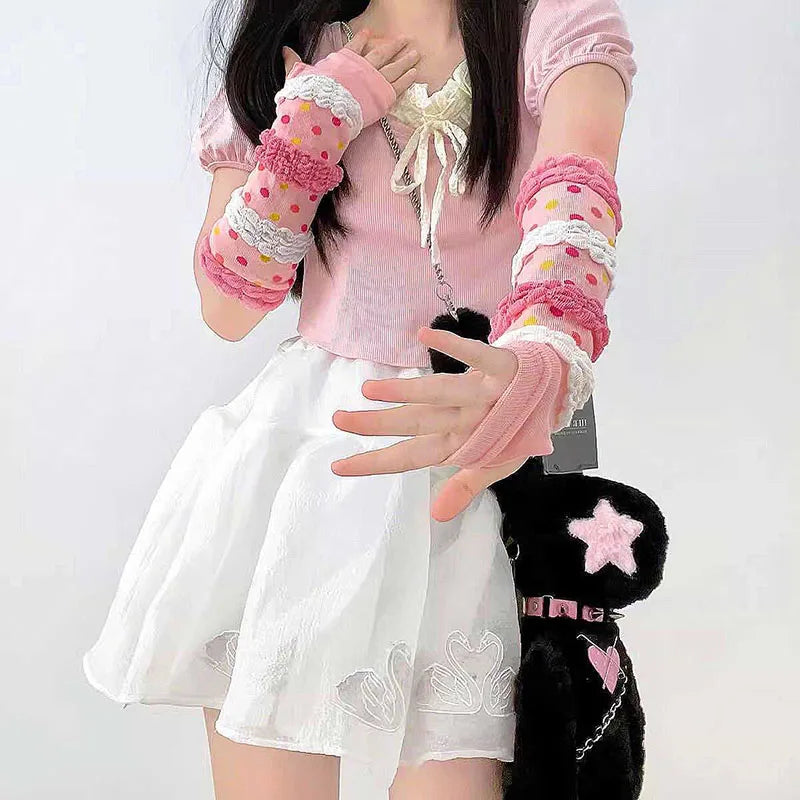Pink Lolita Lace Bowknot Gloves Fingerless Gothic Winter Warm Sunscreen Sleeve False Sleeve Gloves Women JK Clothing Accessories