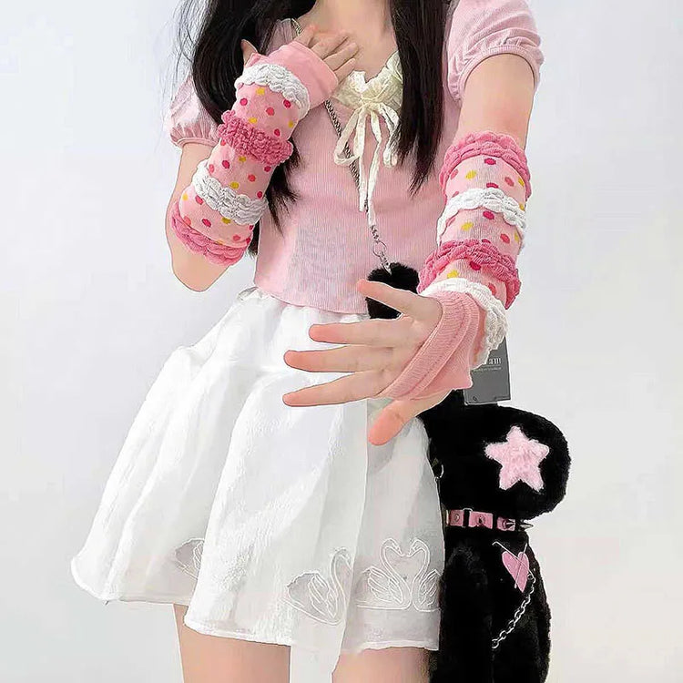 Pink Lolita Lace Bowknot Gloves Fingerless Gothic Winter Warm Sunscreen Sleeve False Sleeve Gloves Women JK Clothing Accessories