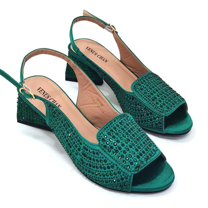 High Heels Shoes for Women Embroidery Rhinestone Italian Design Blue Color Pointed Toe Shoes and Bags Set Fashion