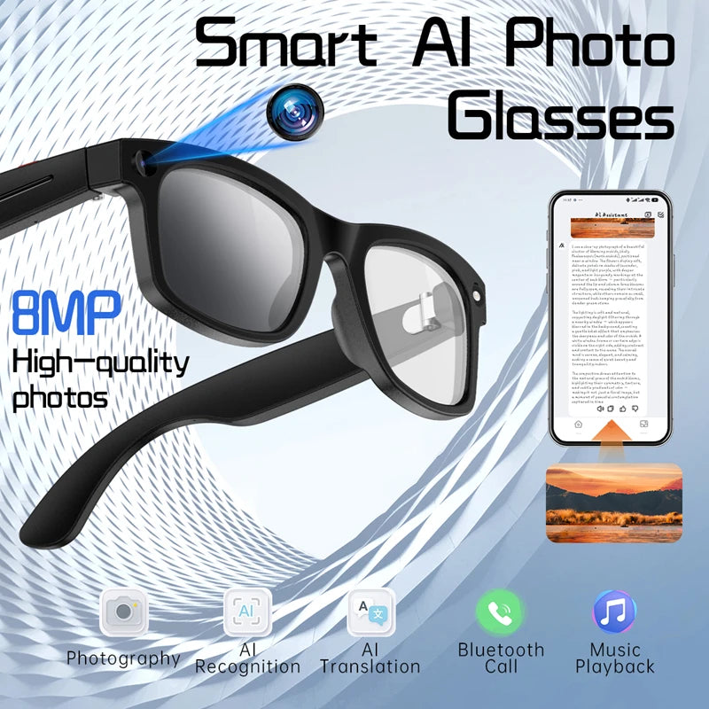 Smart Glasses AI Translation 8MP HD Camera 4K Shooting Image Bluetooth Call Recording Music Smart Sunglasses
