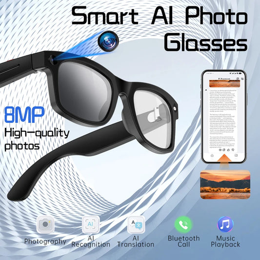 Smart Glasses AI Translation 8MP HD Camera 4K Shooting Image Bluetooth Call Recording Music Smart Sunglasses