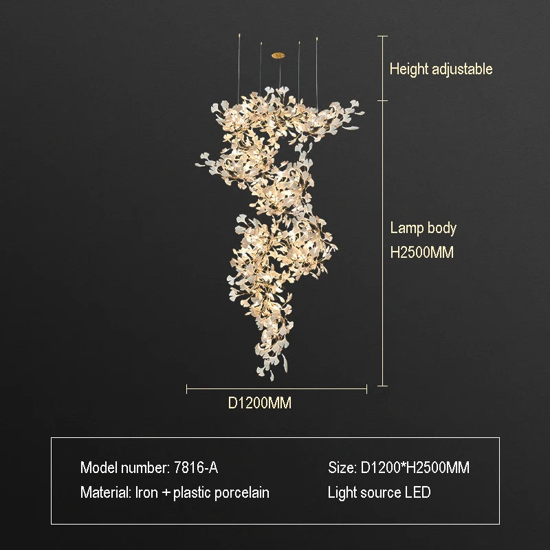 Staircase Ginko Leaf Chandelier Light For High Ceiling Staircase Loft Living Room Hotel Lobby Stairway Luxury Branch Chandeliers