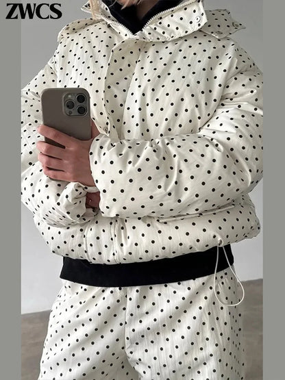 Polka Dots Hooded Cotton Coats Trousers Set 2026 Winter Loose Zippers Drawstring Jacket Elastic Waist Pants Women's Warm Outfits