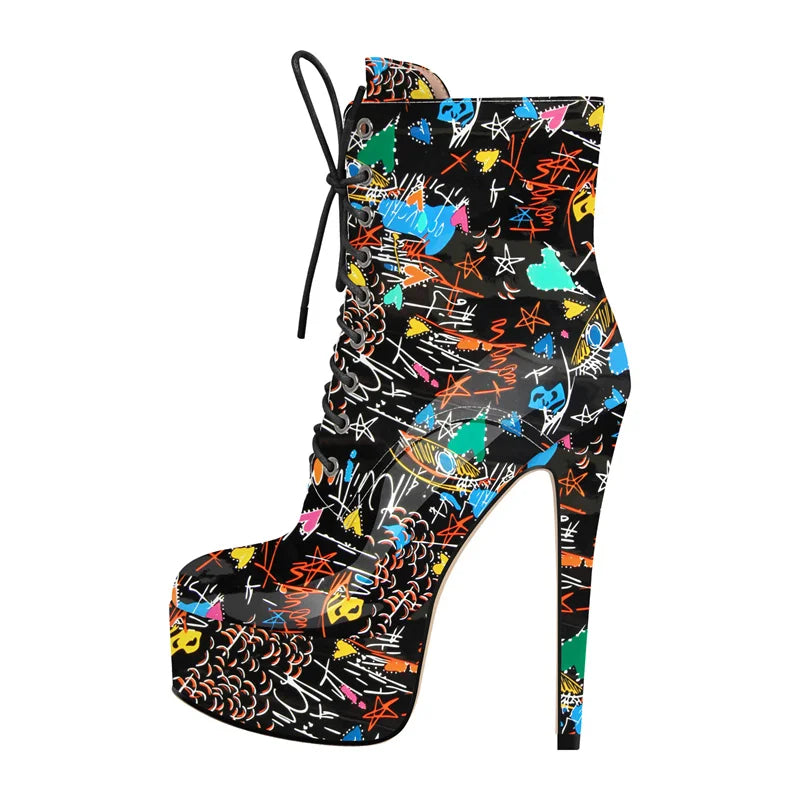 Onlymaker Women Round Toe Platform Lace-up Stiletto Printed Side Zipper Stiletto High Heel Ankle Boots