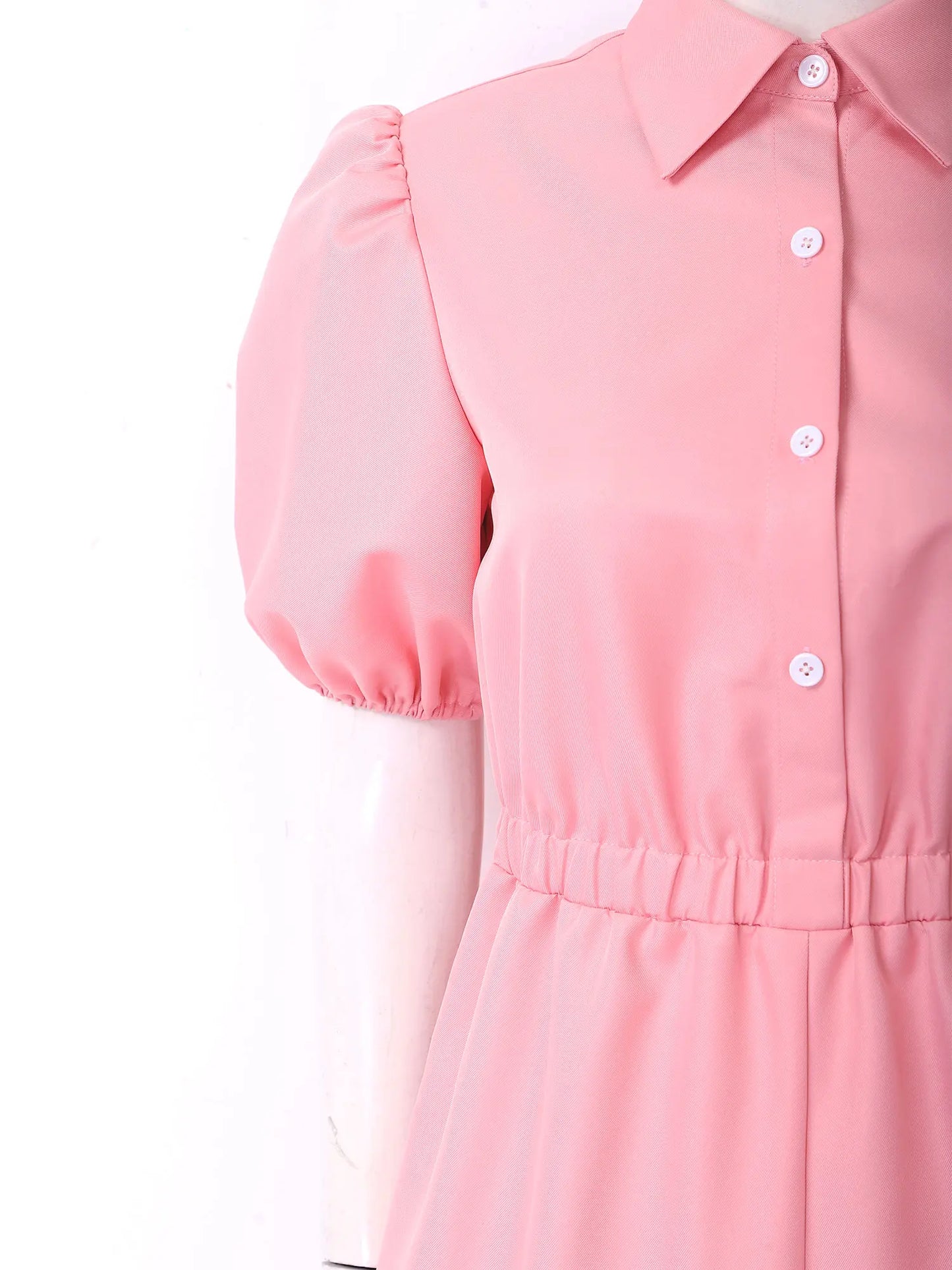 Fashion Women Short Puff Sleeve Romper Lapel Front Button Elastic Waist Shorts Jumpsuit for Office Vacation Casual Clothing