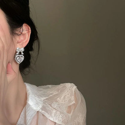Exquisite Pink Heart Shape Bowknot Stud Earrings For Women Shining CZ Zircon Love Earring Wedding Party Temperament Jewelry
