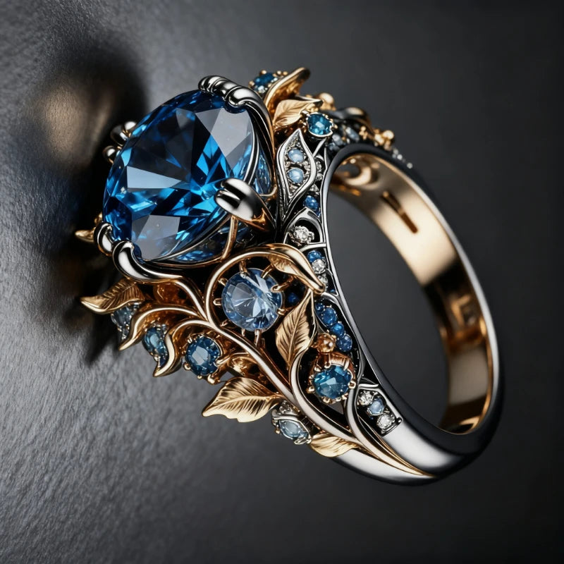 Gold Color Leaf Shaped Inlaid Blue Synthetic Zirconia Ring Suitable for Women's Banquets Engagements Jewelry Accessories Gifts