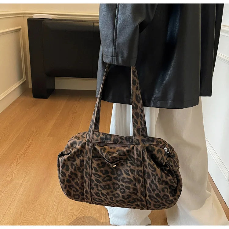 Trendy Leopard Print Canvas Shoulder Bag Large Capacity Fashion Tote Handle Bag for Daily Commute Versatile Texture Storage Bags
