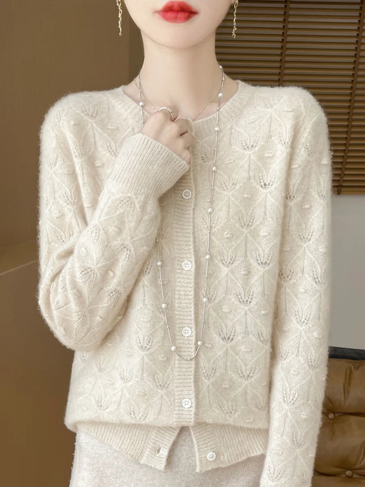 New Autumn Winter Soft Warm Cardigan Woman Cashmere Sweater O-neck Women 100% Merino Wool Sweater Loose Fit Hollow out Top Coat
