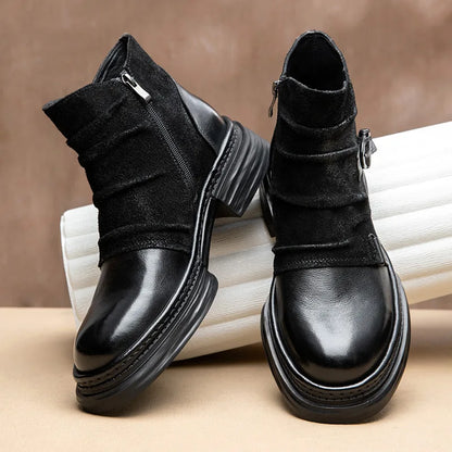 CLAIAMI Handmade Motorcycle Riding Boots Men Retro Cowhide Paratrooper Ankle Boots Platform Leather Zipper Men Shoe Botas Hombre