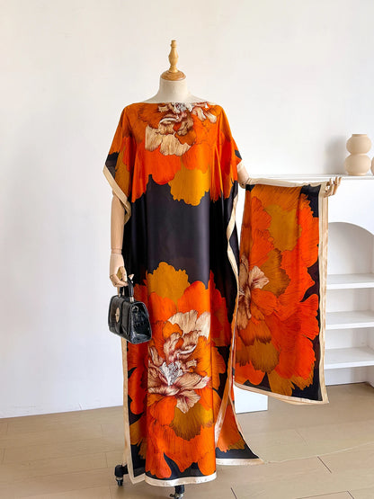 New 2026 African Women Dashiki Boho Print Maxi Dress Free Size Design with Scarf Loose Elegant Muslim Dubai Style