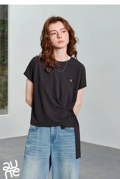 TOYOUTH Women's Asymmetric Wrap Tie T-Shirt 2026 Summer New Long Sleeve Starfish Print Loose Pullover Top