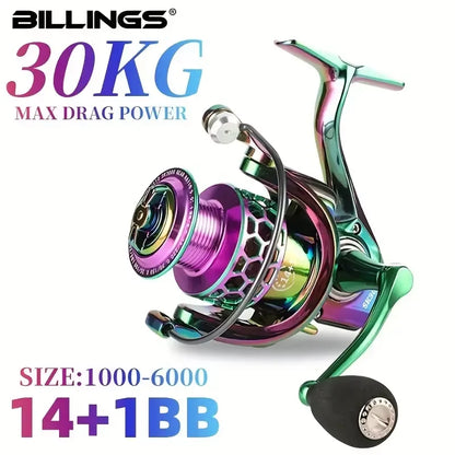 BILLINGS Spinning Reel 22LB Max Drag 14+1BB Ultra Smooth Professional Fishing Reel 5.0:1/4.7:1 Gear Ratio CNC Metal Spool Fishing Reels Wheel For Freshwater Saltwater