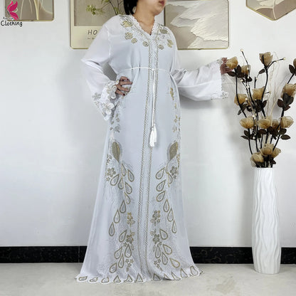 2026New Dubai Muslim Women Modest Dress Diamond Chiffon Elegant Arabic Femme Hijab African Abaya Islamic Long Sleeve Turkey Robe