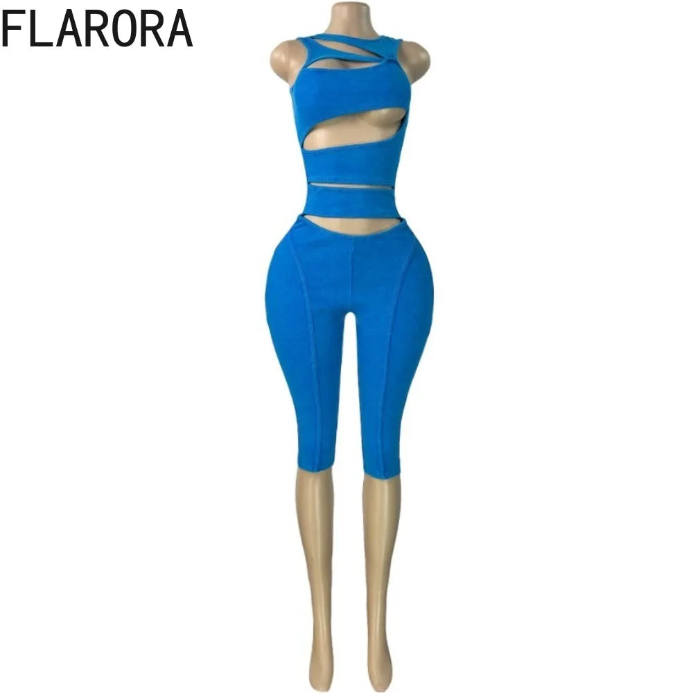 FLARORA Fashion Ribber Knitted Capri Jumpsuits Woman Sexy Hollow Out O-neck Sleeveless Zipper Skinny Playsuits Hottie Streetwear